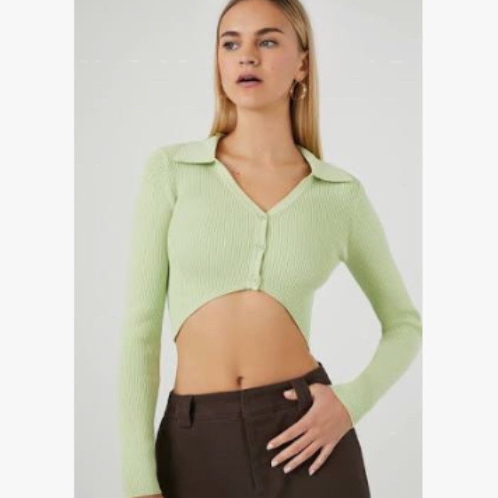 NWT Forever 21 Pistachio Green Ribbed Cropped Cardigan Sweater Size S Y2K 90s